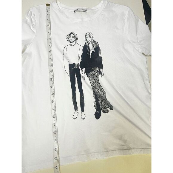 Zara Womens Pullover Crew neck Graphic Basic Tshirt White 100% Cotton Size S - Picture 4 of 5